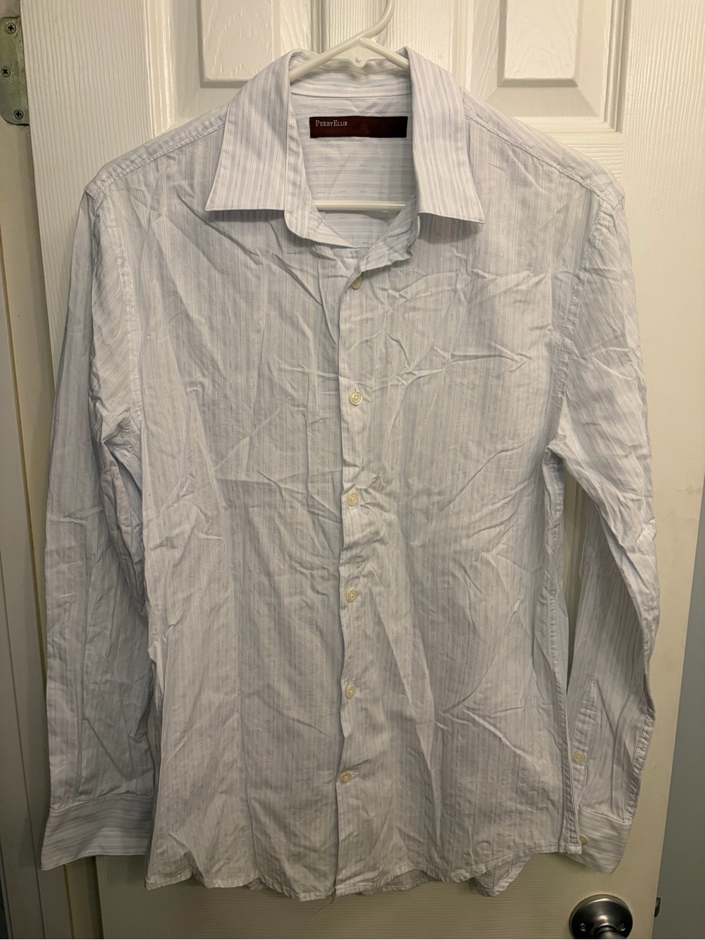 Perry Ellis White Blue Stripe Men's Dress Shirt